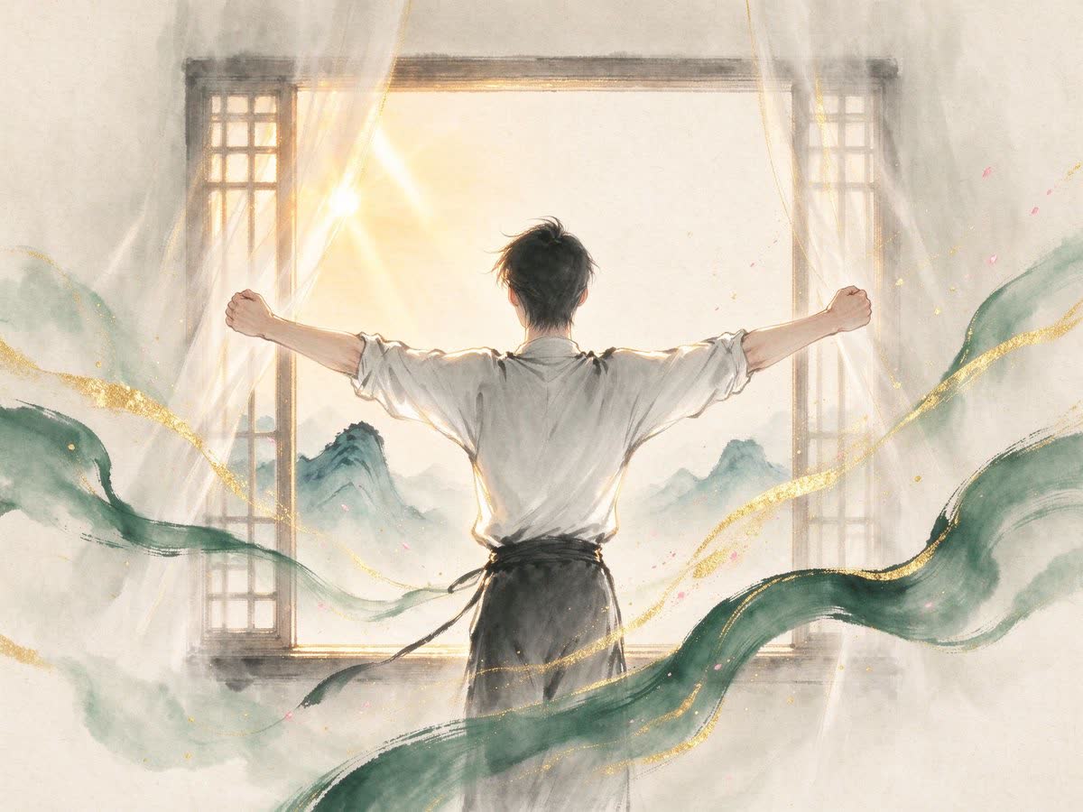 年轻人在晨光中舒展身体的背影
