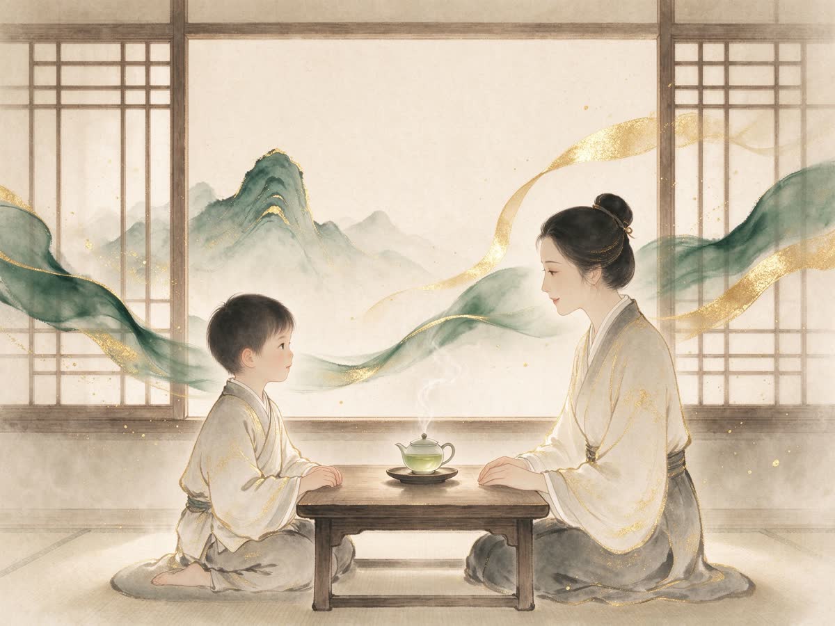 成人与孩子在纸窗前对坐轻声交谈，桌上一盏清茶